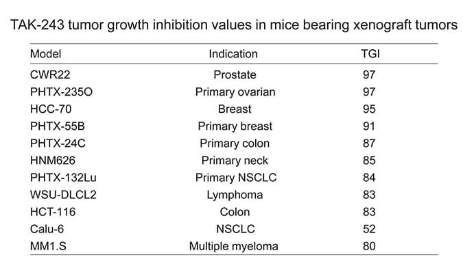 TAK-243是一种有效的泛素激活酶小分子抑制剂，具有体内抗肿瘤功效，通过k8国际使用HCC70模型进行